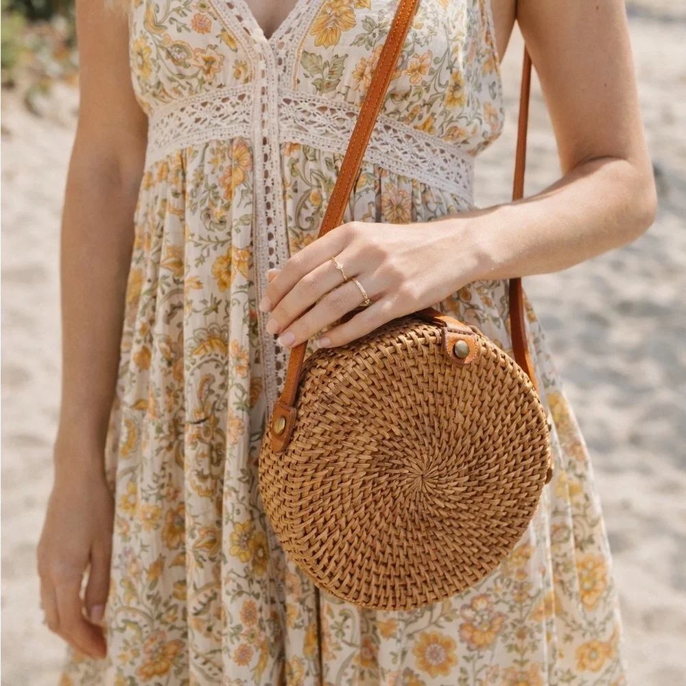 Handwoven Rattan Circle Bag Boho Crossbody Wicker Bali Summer Purse